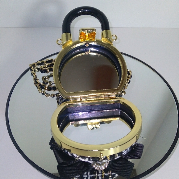 Black & Gold Tweed Rhinestone/Pearl Mini Crossbody Compact Mirror Bag - Picture 3 of 5